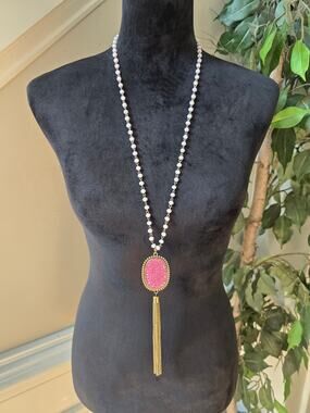 Long Pink Beaded Tassel Pendant Necklace Rhinestone Statement Fashion Jewelry